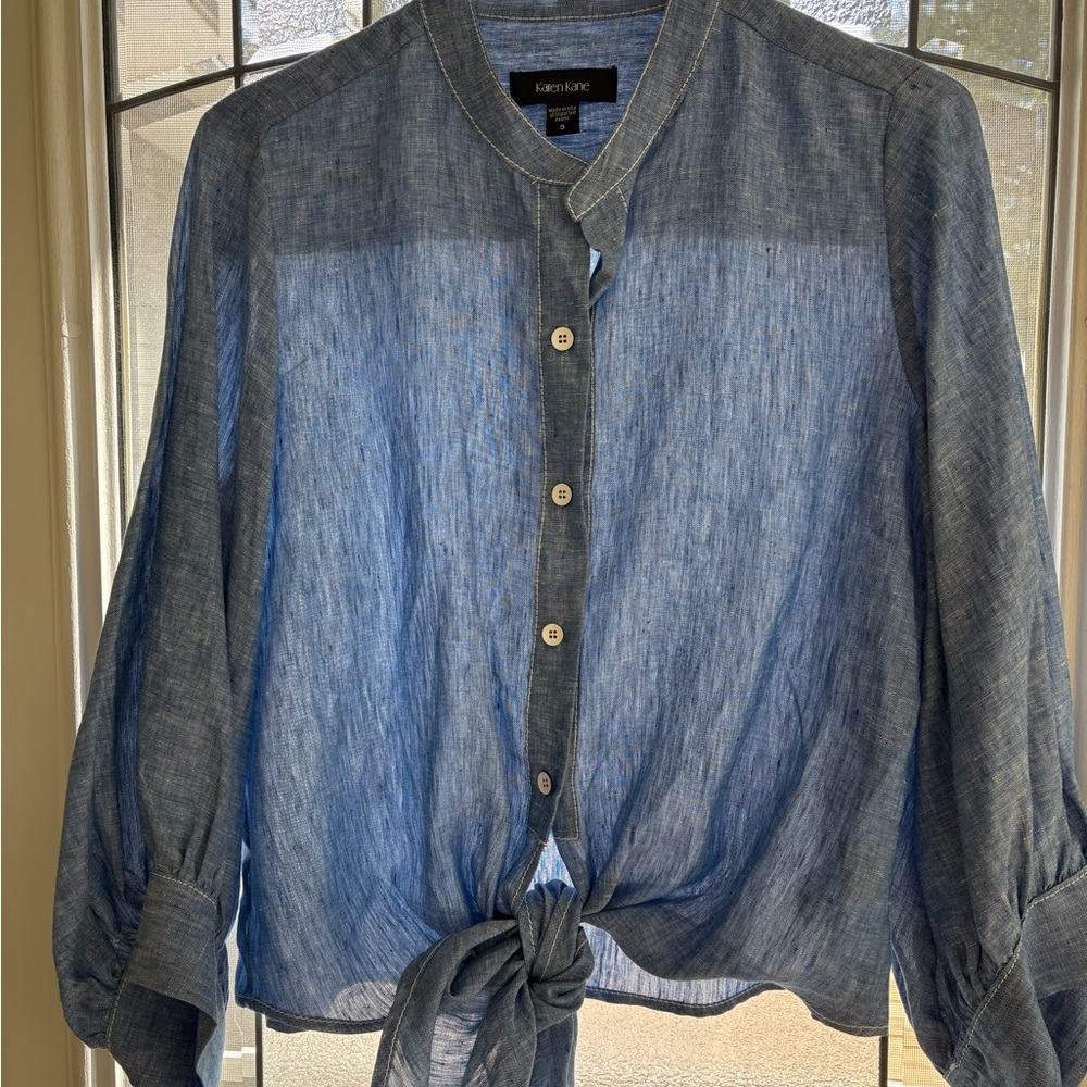 Karen Kane Light Blue Linen Blouse - Picture 3 of 5